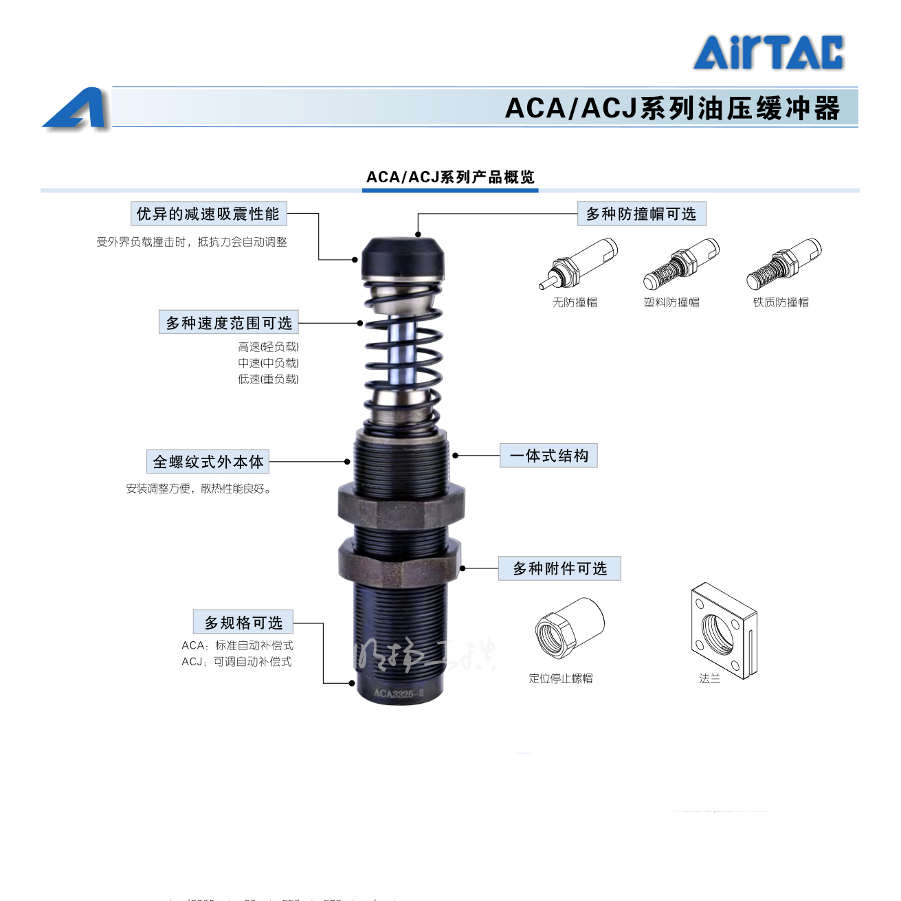 亚德客(AirTAC)可调型液压缓冲器,无防撞帽；ACJ2020-N  系列：ACJ产品类型：冲击速度可调型螺纹外径：M20×1.5吸收行程：20mm