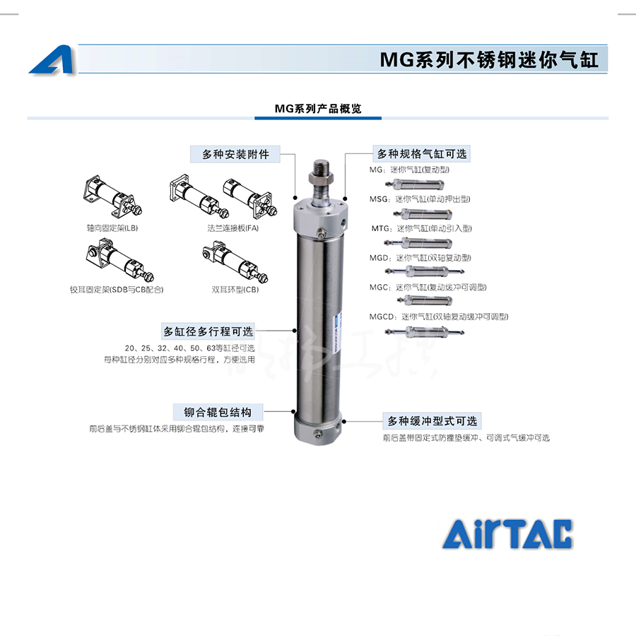 亚德客不锈钢迷你气缸,复动型；MG20X150S  系列：MG产品类型：不锈钢圆形气缸动作方式：双作用出杆方式：单杆缸径：