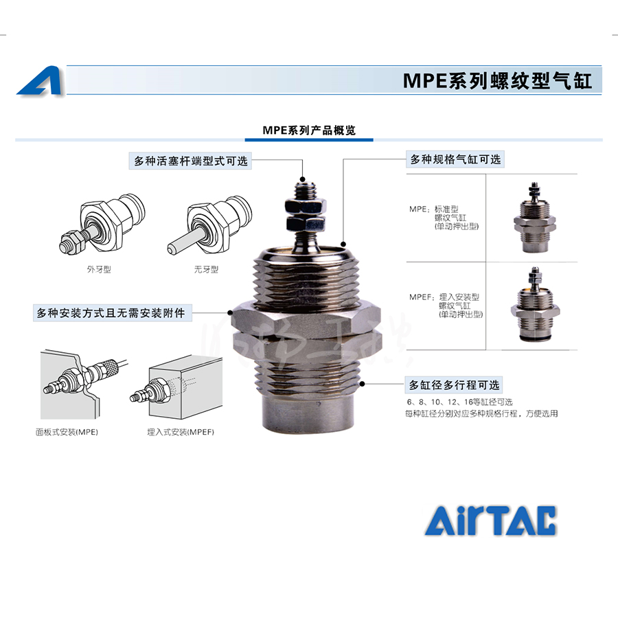 亚德客(AirTAC) 埋入安装型螺纹气缸(单动押出型)；MPEF10X10  系列：MPEF