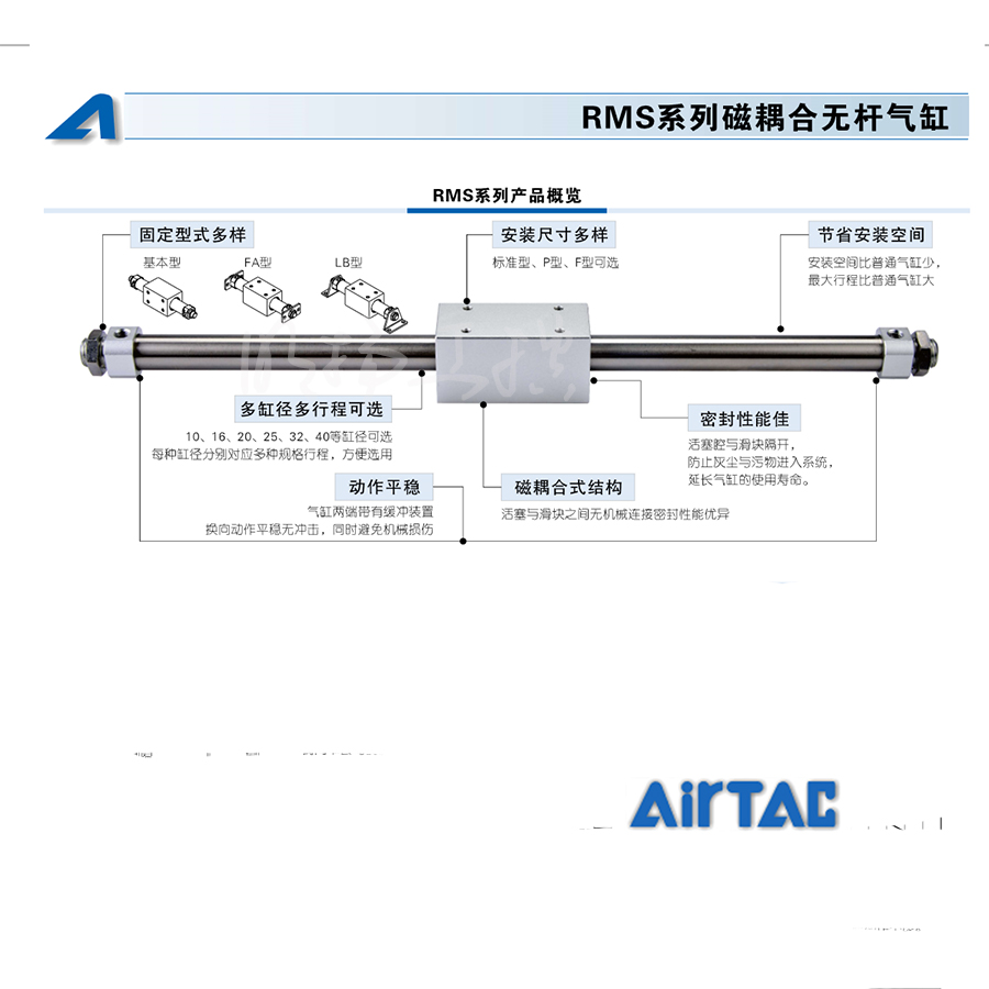 亚德客磁耦合无杆气缸；RMS32X500T  系列：RMS产品类型：磁偶式缸径：32mm行程：500mm磁环：无螺纹种类：