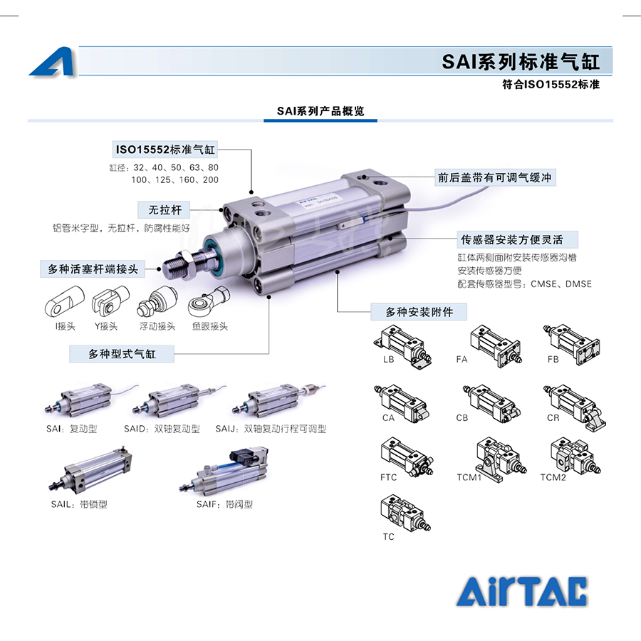 亚德客标准气缸(方形),双作用,带磁环；SAI63X400S  系列：SAI产品类型：ISO15552标准气缸方形动作方式