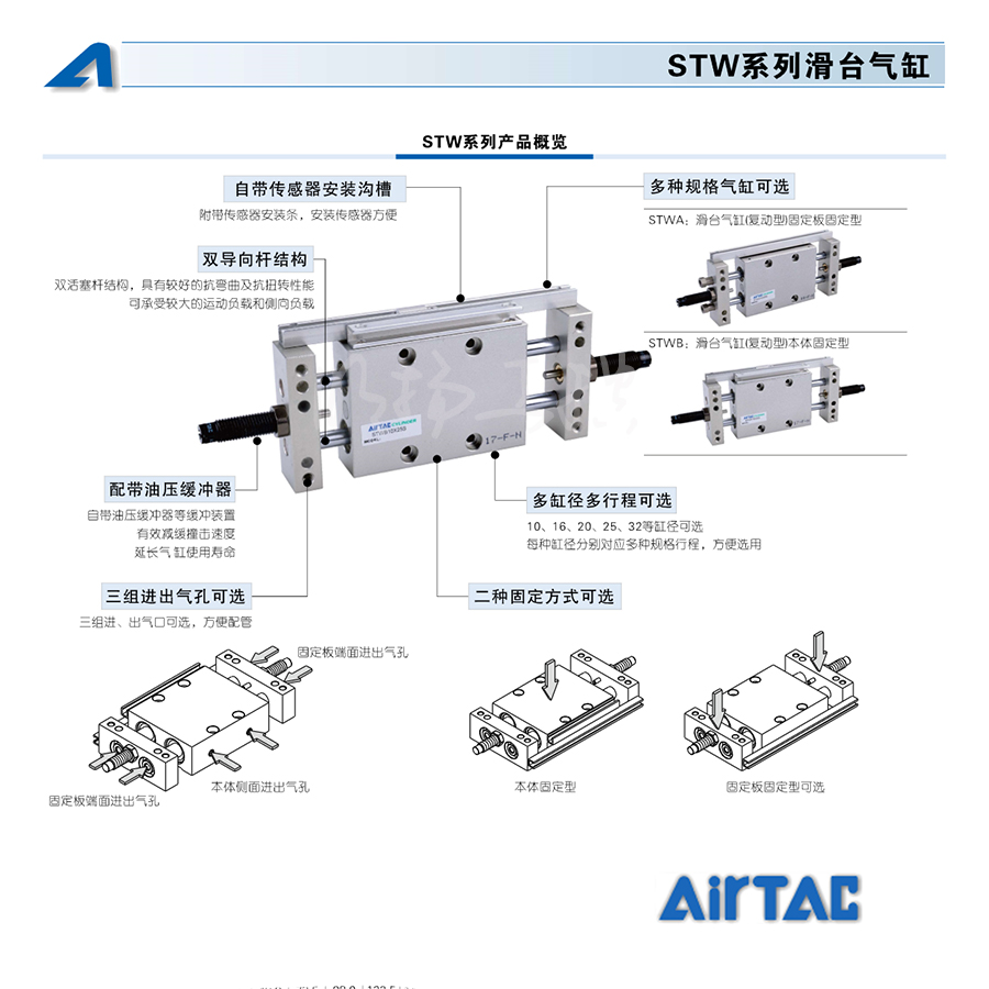 亚德客滑台气缸,固定板固定型,双作用,带磁环；STWA16X100S  系列：STWA动作方式：双作用缸径：16mm行程：100mm磁环：