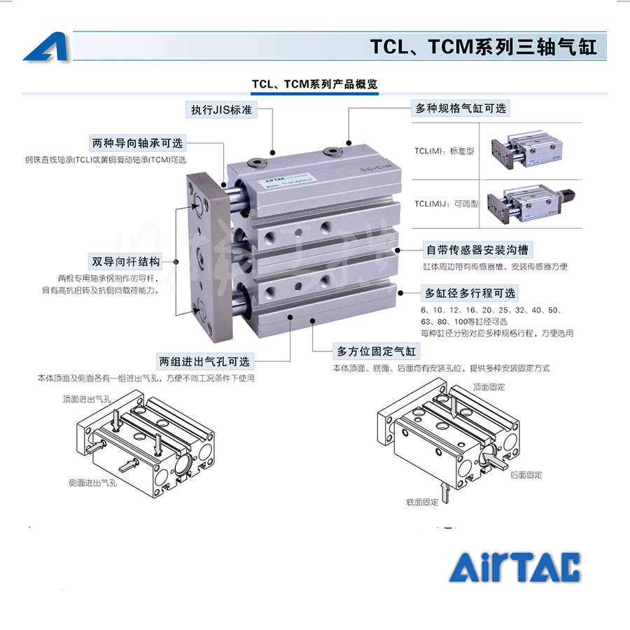 亚德客三轴气缸,复动可调型,铜套轴承；TCMJ16X40-10S  系列：TCMJ活塞杆类型：单活塞杆动作方式：双作用缸径