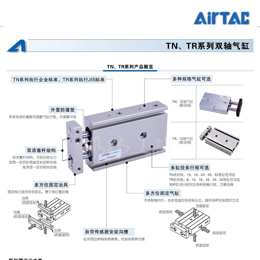 亚德客双联气缸,双作用,带磁环；TN16X30S  系列：TN活塞杆类型：双活塞杆动作方式：双作用缸径：16mm行程：30