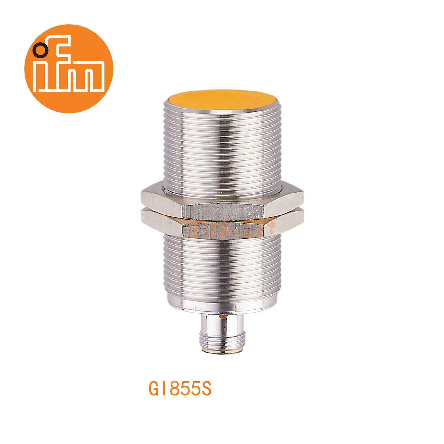 IFM易福门接近开关GI855S；尺寸：M30 x 1.5 / L = 65 mm；有效感应区：> 14.5 mm；输出功能：2 x OSSD (A1和A2);输出:DC PNP；接口：M12 接插件；电感式安全接近开关 ；