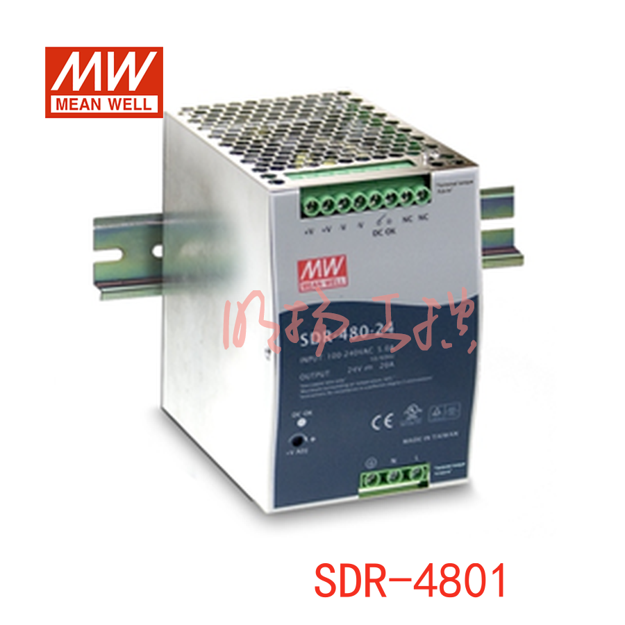 明纬电源 480W单组输出工业用DIN导轨型有PFC功能电源；SDR-480-48；功率：480W输出电压：48V输入电压：90-264VAC/127-370VDC